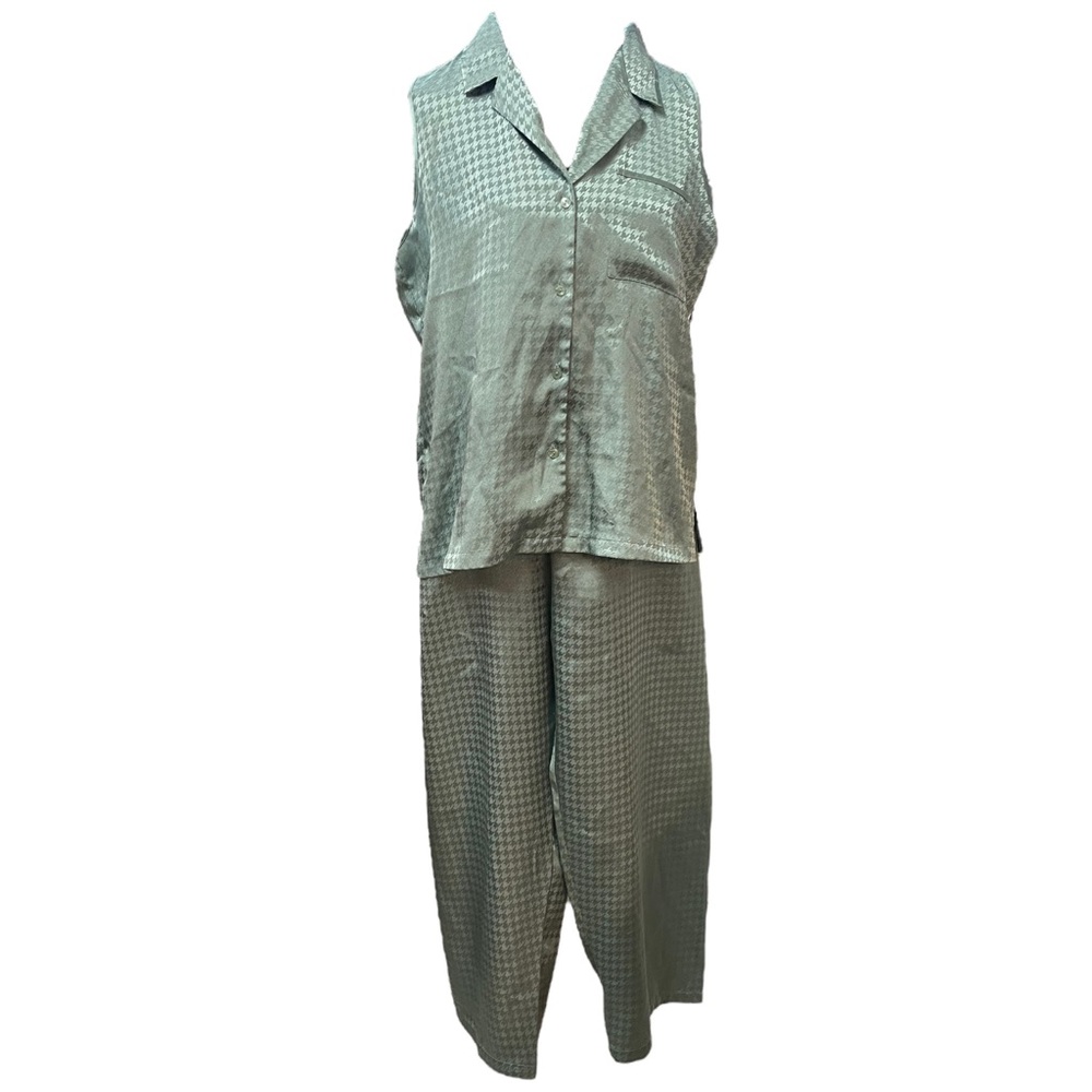 HALSTON Pajamas/Lounge Set Sage Green Houndstooth Print Top/Pull On Pants Sz XL